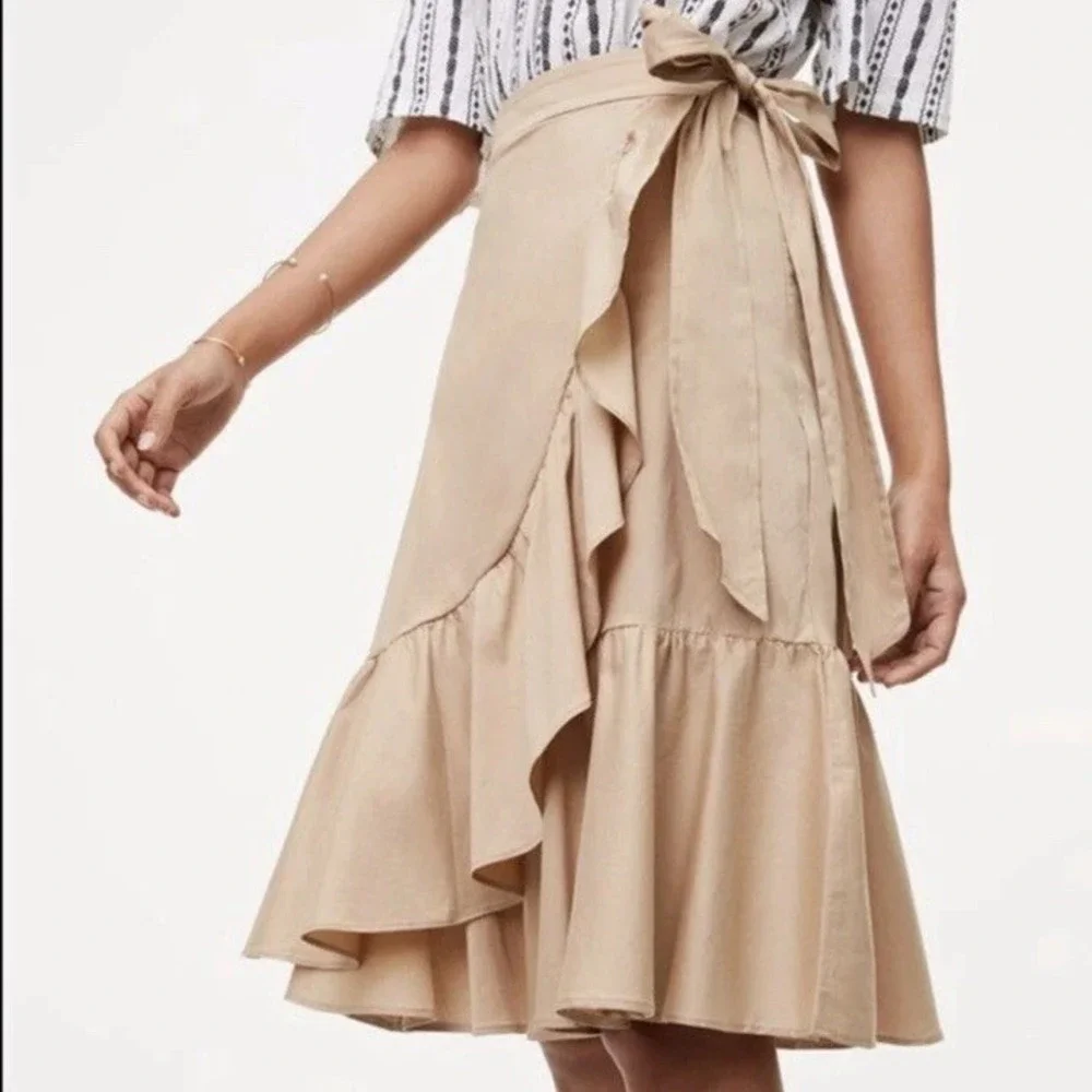 Ann Taylor LOFT‎ Tan Faux Wrap Midi Skirt Ruffle Tie Waist Size 6